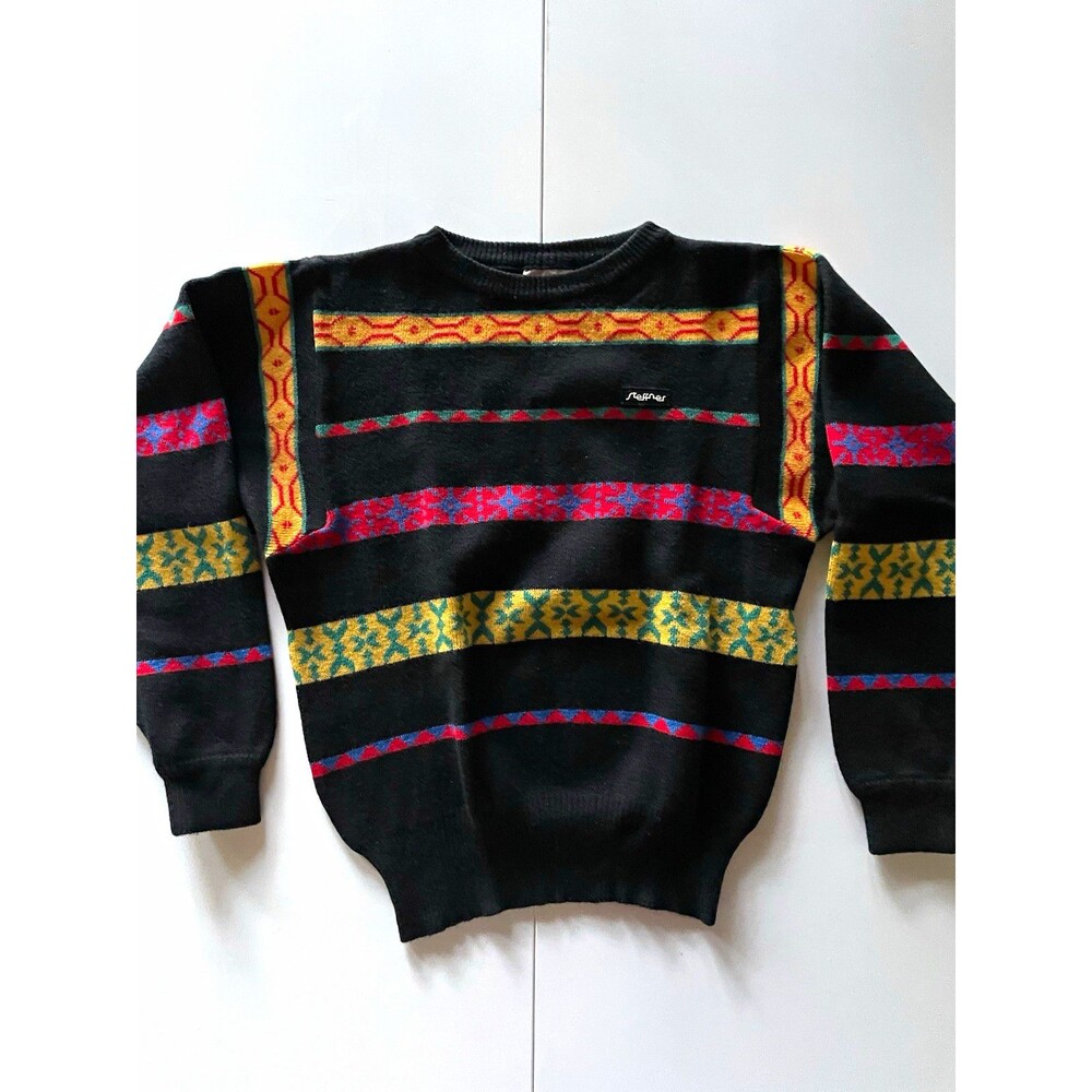 Vintage Steffner Pure Virgin Wool Black Multicolor Geometric Striped Sweater M